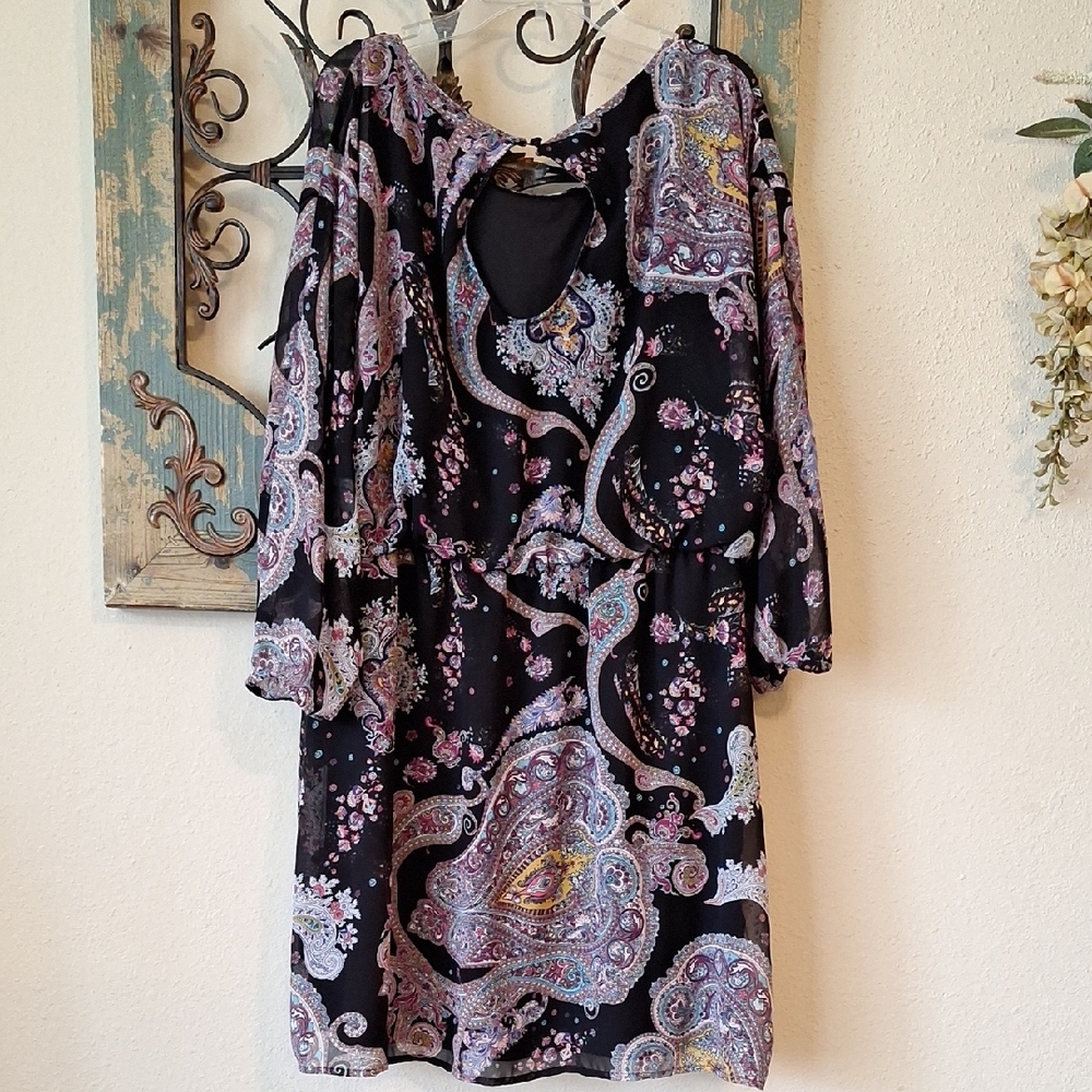 🔥 3 for $25 SALE Express Blk/Purple Sheath Dress Scoop Neck.  NWOT Size Large